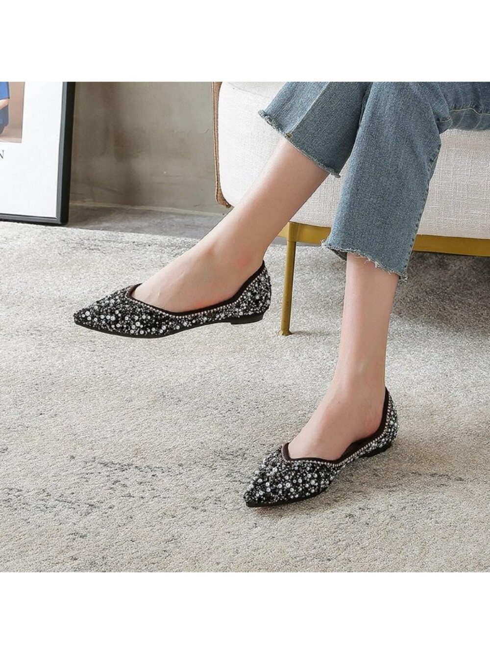 〽️Women's Black Rhinestone Flats Pointed Toe Pearl Diamond Low Heel Ballet Shoes